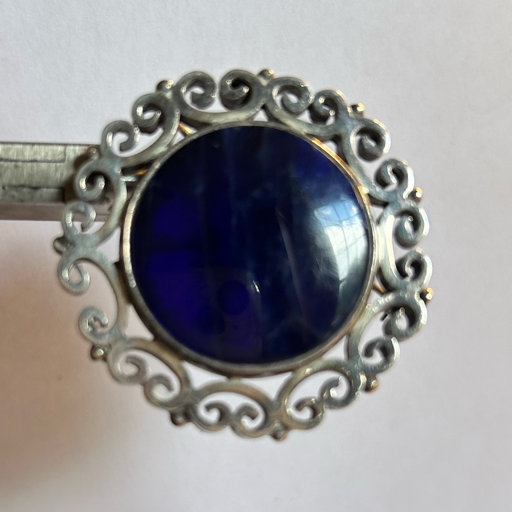 Vintage Sterling Silver Round Blue Sodalite Gemstone Brooch Pin Scroll 925